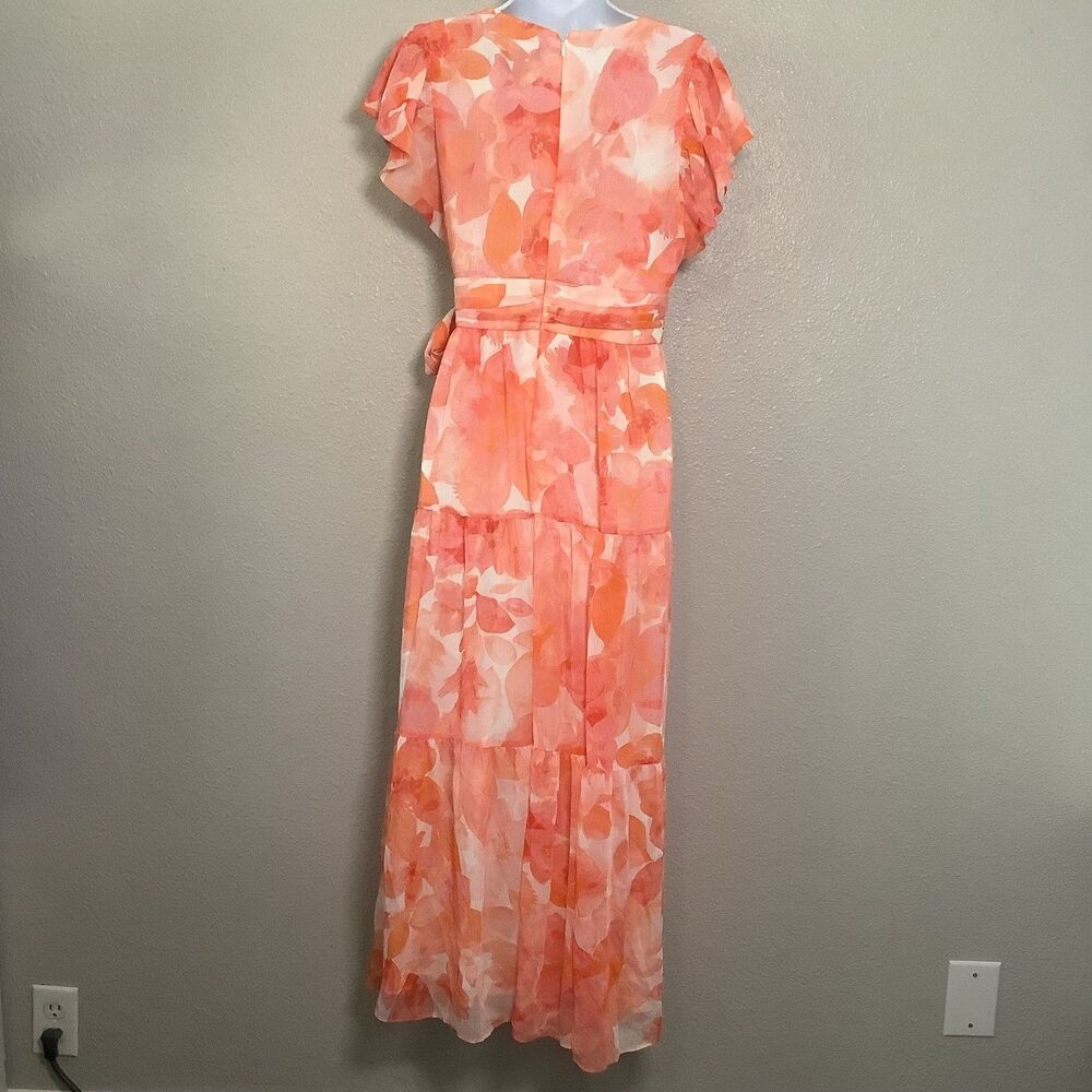 Coral Floral Feminine Romantic Tiered Babydoll Tied Waist Maxi Dress Sz 4 Summer - Picture 4 of 8